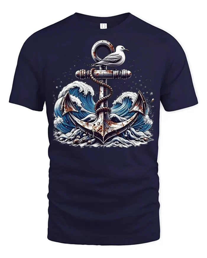 Vintage Nautical Anchor Crashing Ocean Waves Premium Tee - navy t-shirt on white background