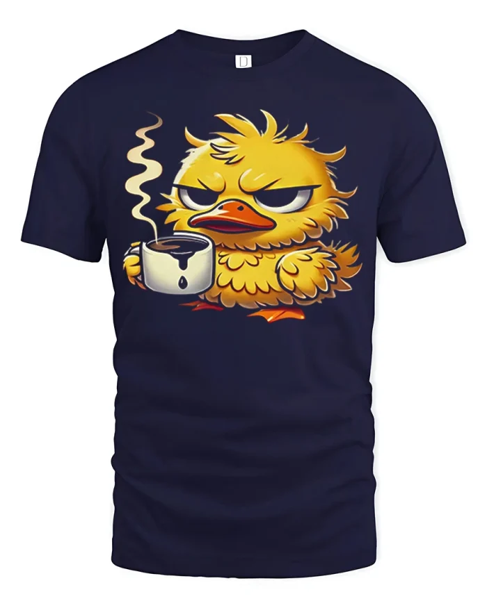 Funny Grumpy Duck Morning Coffee Graphic Cotton Tshirt - navy t-shirt on white background