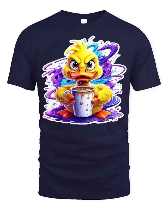 Funny Angry Duck Morning Coffee Paint Splash Cotton Tshirt - navy t-shirt on white background