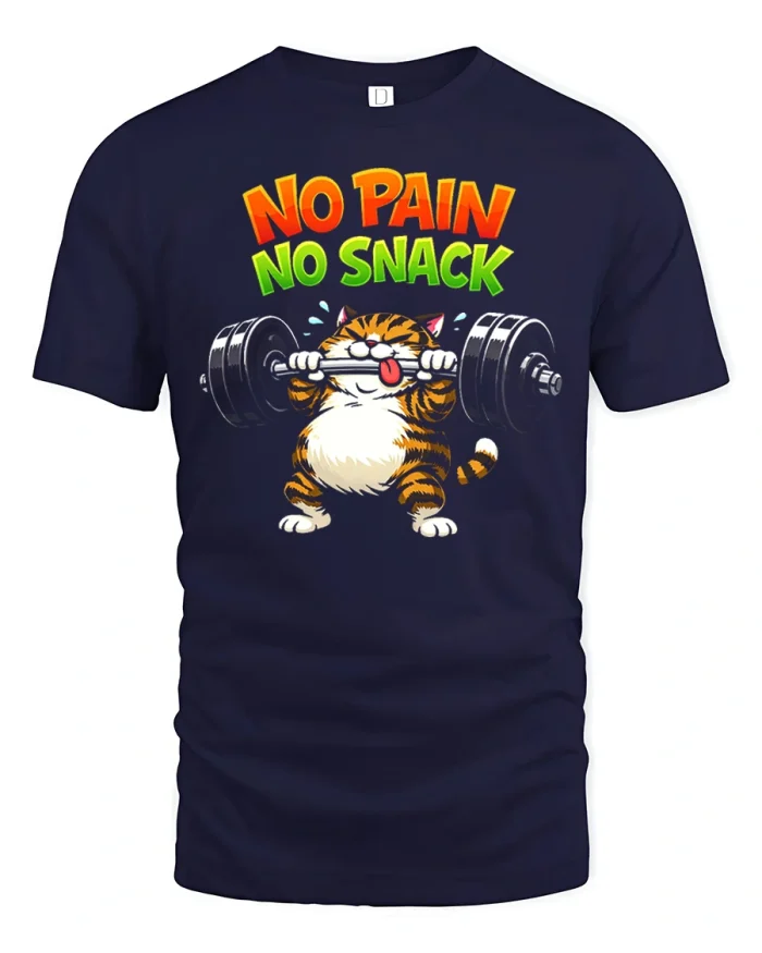 Funny No Pain No Snack Tiger Cat Weightlifting Cotton Tee - navy t-shirt on white background