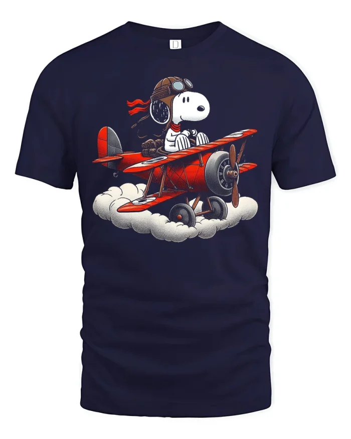 Funny Flying Snoopy Red Biplane Graphic Cotton Tshirt - navy t-shirt on white background