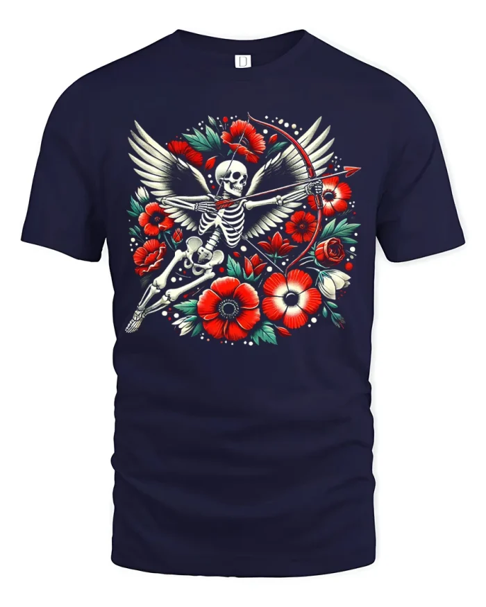 Badass Winged Skeleton Cupid Floral Graphic Cotton Tee - navy t-shirt on white background