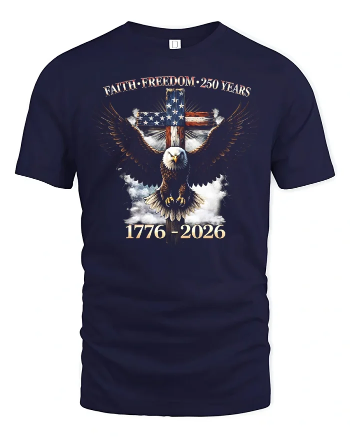 Patriotic Faith Freedom 250 Years Eagle Cross Cotton Tee - navy t-shirt on white background