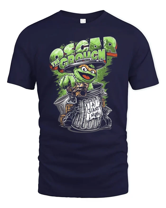 Funny Oscar The Grouch Garbage Can Graphic Cotton Tshirt - navy t-shirt on white background