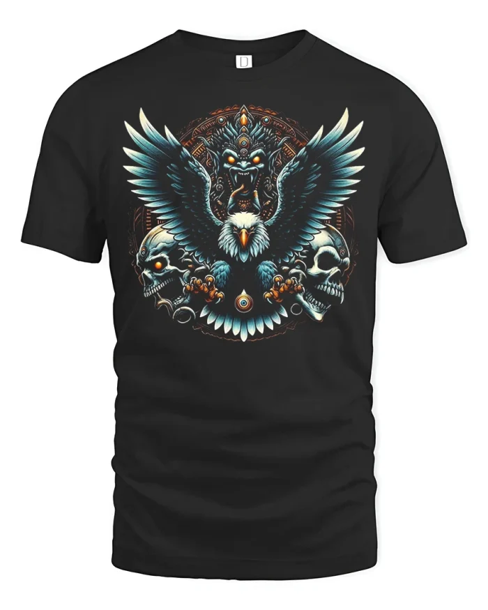 Dark Eagle Skull Graphic Tee Gothic Mythic Art Streetwear Style - black t-shirt on white background