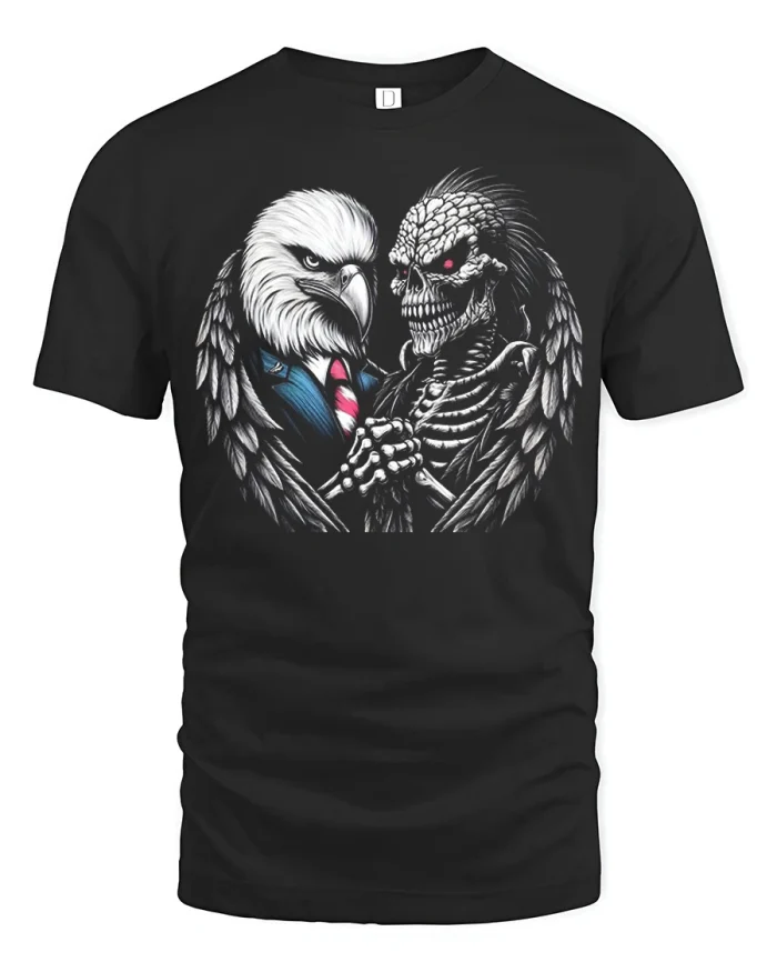 Dark Eagle And Skull Handshake Graphic T Shirt Gothic Style - black t-shirt on white background