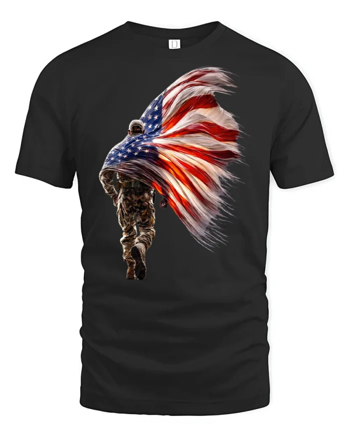 American Soldier With USA Flag Graphic T Shirt Patriotic Honor - black t-shirt on white background