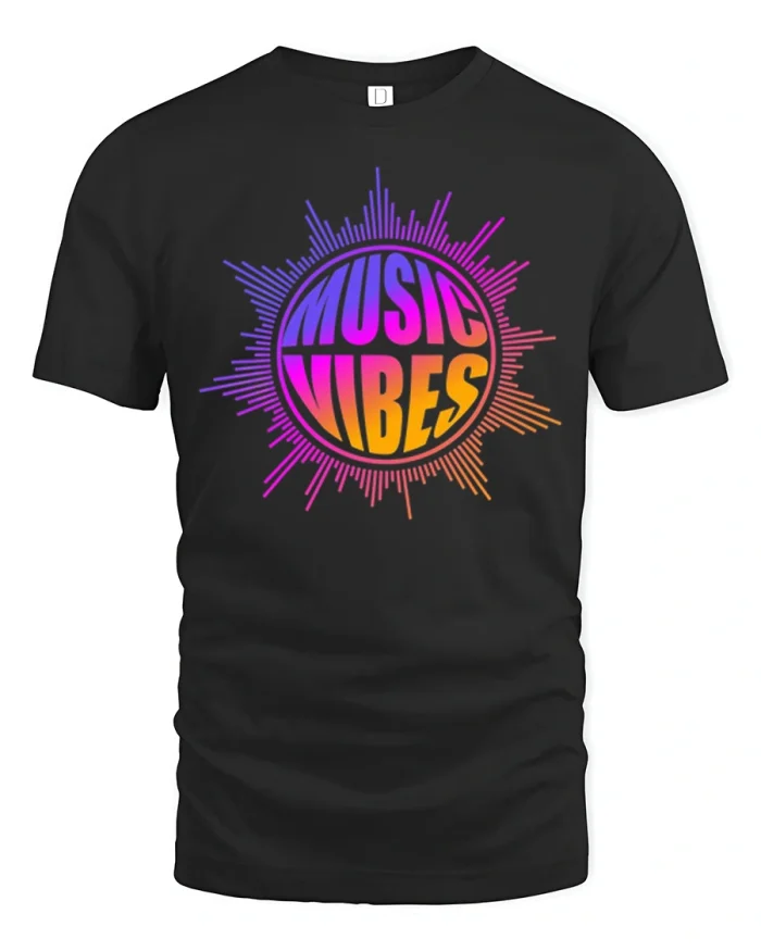 Music Vibes Retro Graphic T Shirt Colorful Sound Wave Style - black t-shirt on white background