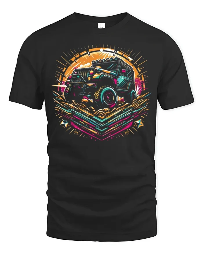 Retro Off Road Adventure Jeep Graphic Tee Neon Trail Style - black t-shirt on white background