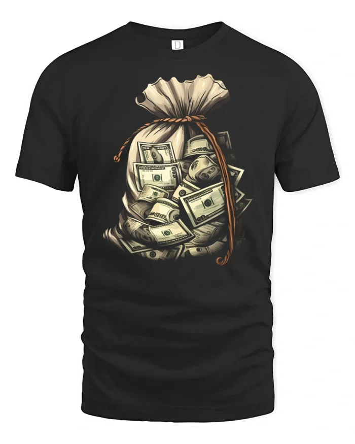 Money Bag Graphic Tee Funny Hustle Rich Lifestyle Streetwear Style - black t-shirt on white background