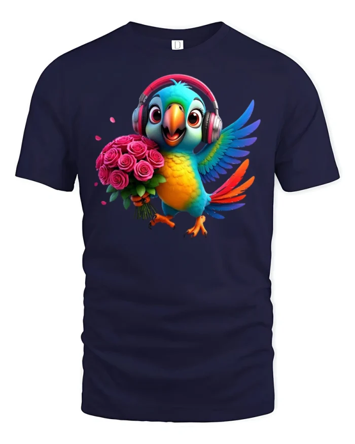 Cute Parrot With Headphones Graphic Tee Funny Music Bird Design - navy t-shirt on white background