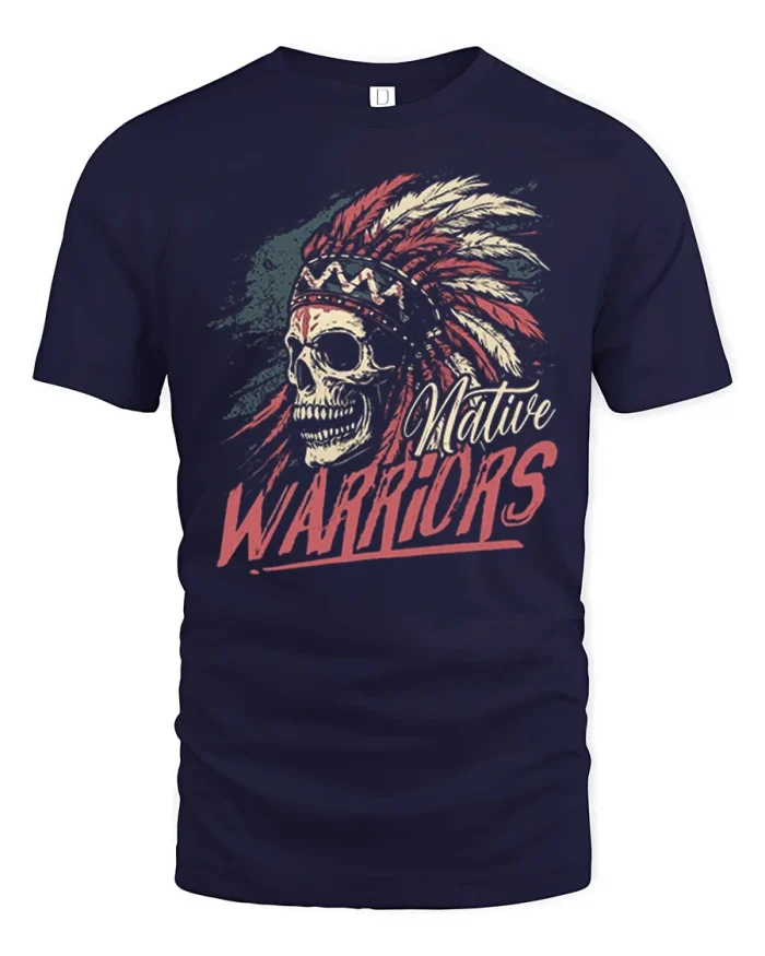 Native Warriors Skull Feather Headdress Graphic T Shirt Vintage - navy t-shirt on white background