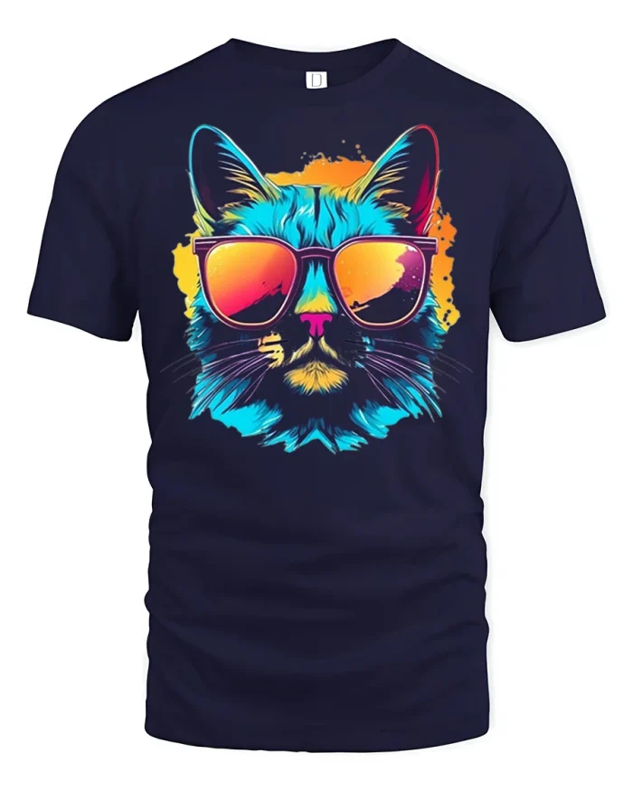 Funny Cool Cat Wearing Sunglasses Graphic T Shirt Retro Style - navy t-shirt on white background