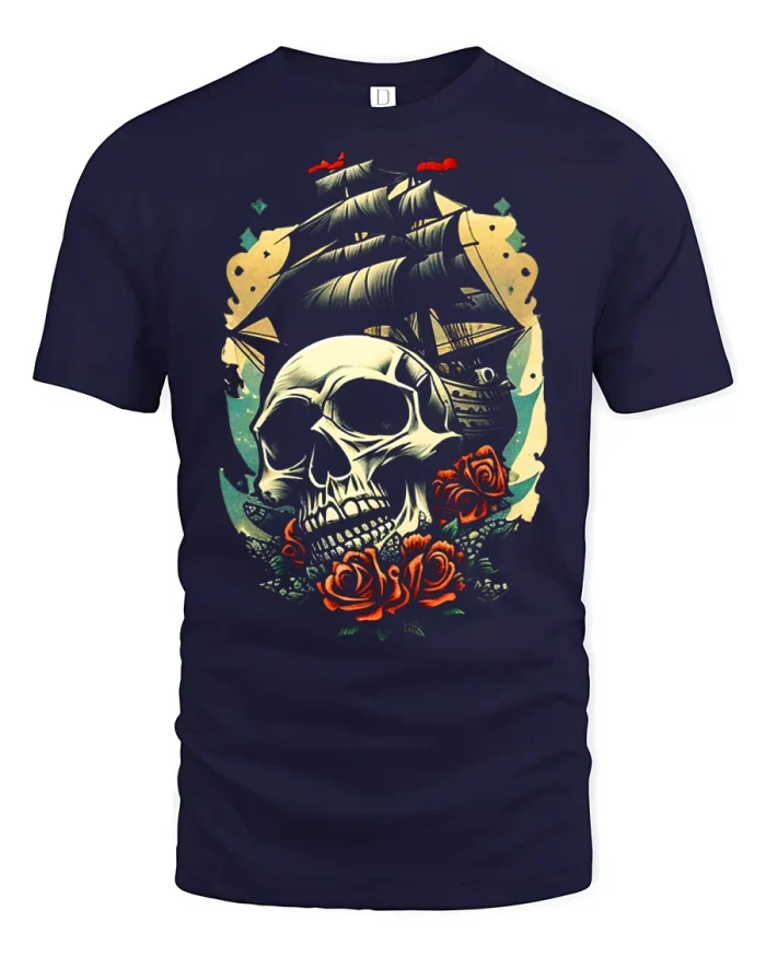 Vintage Pirate Skull Sailing Ship Graphic T Shirt Gothic Style - navy t-shirt on white background