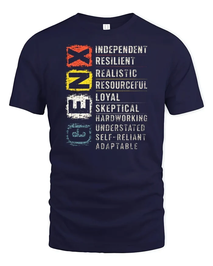 Gen X Independent Resilient Realistic Vintage Graphic T Shirt - navy t-shirt on white background