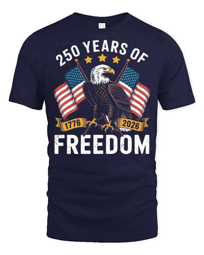 250 Years of Freedom Eagle Patriotic American Flag T Shirt - navy t-shirt on white background