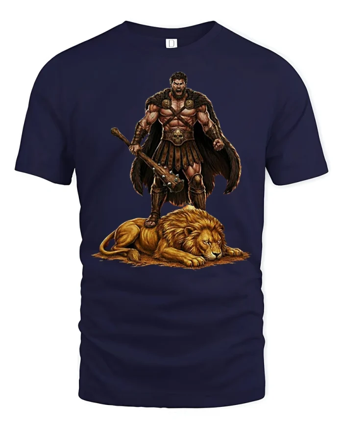 Mighty Spartan Warrior and Lion Graphic T Shirt of Legendary Strength - navy t-shirt on white background