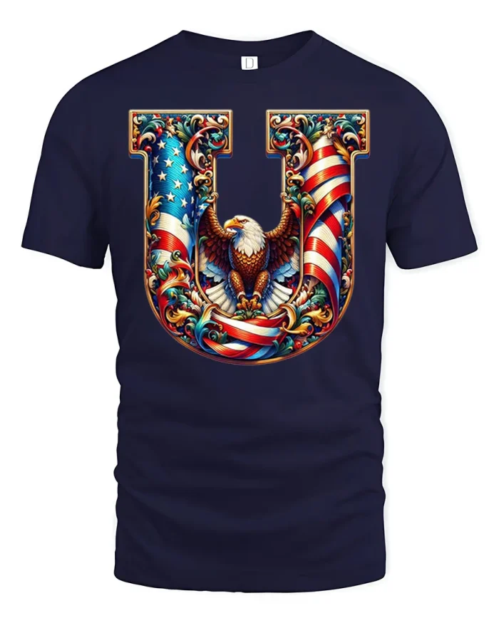 Patriotic Letter U Bald Eagle American Flag Graphic T Shirt - navy t-shirt on white background