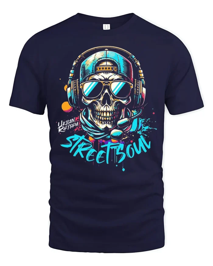 Urban Rhythm Street Skull DJ Graphic T Shirt Retro Music Style - navy t-shirt on white background