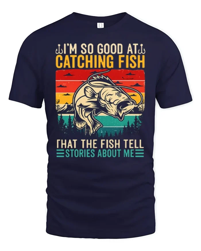 Funny Catching Fish Stories About Me Vintage Fishing T Shirt - navy t-shirt on white background