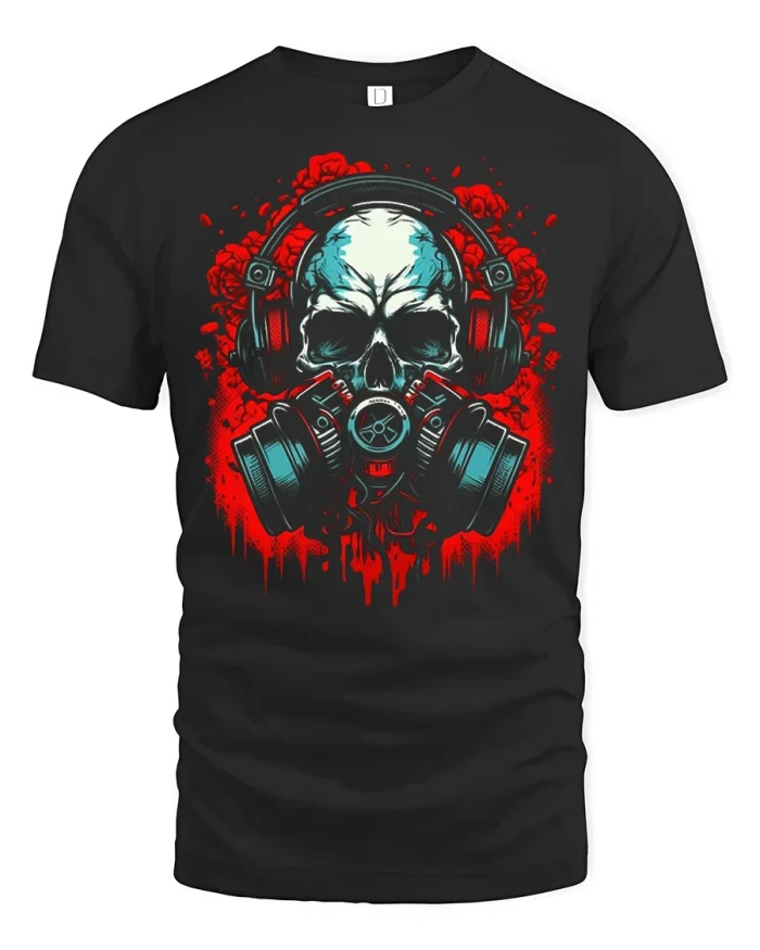 Dark Skull Gas Mask Graphic Music Lover Streetwear T Shirt - black t-shirt on white background