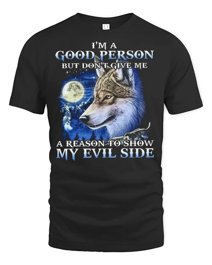 Funny Wolf Good Person Evil Side Moon Graphic T Shirt - black t-shirt on white background