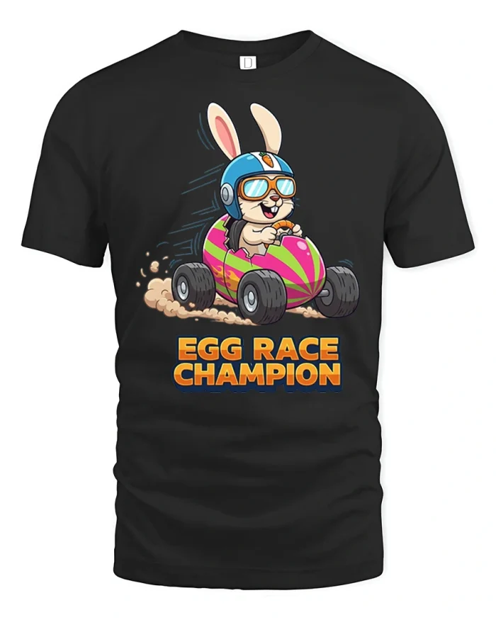 Egg Race Champion Funny Easter Bunny Graphic T Shirt Design - black t-shirt on white background