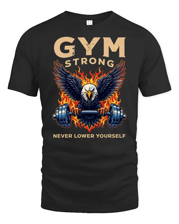 Gym Strong Eagle Weightlifting Graphic Motivational T Shirt - black t-shirt on white background