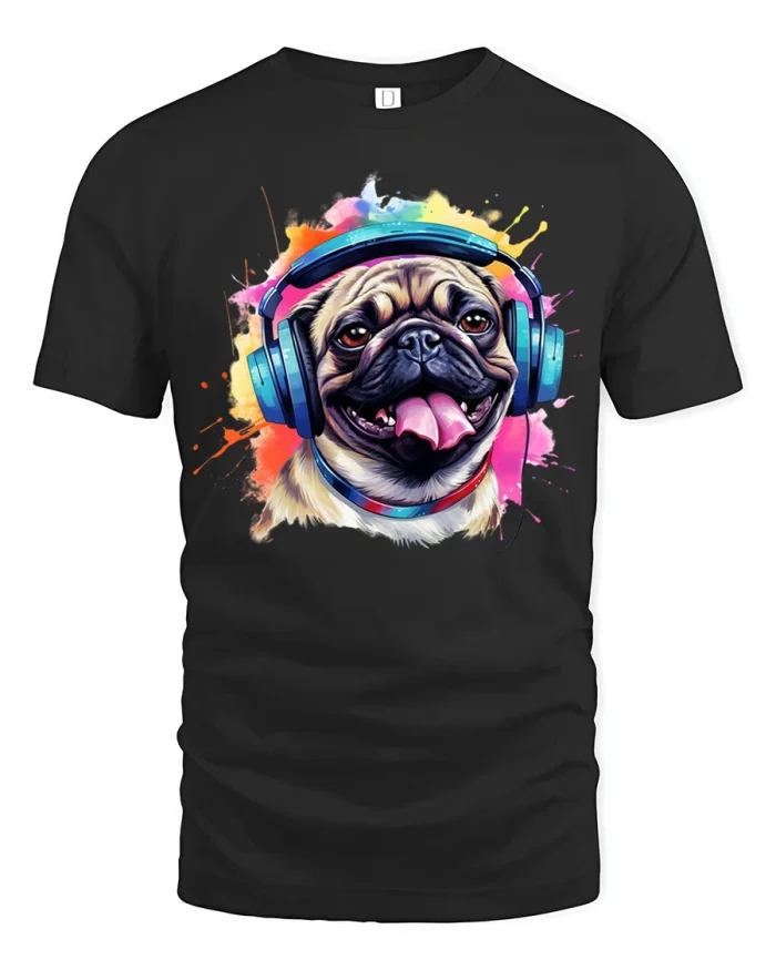 Funny Pug Dog With Headphones Color Splash Graphic T Shirt - black t-shirt on white background