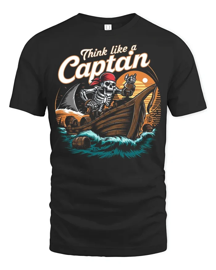 Think Like A Captain Pirate Skeleton Graphic T Shirt Design - black t-shirt on white background