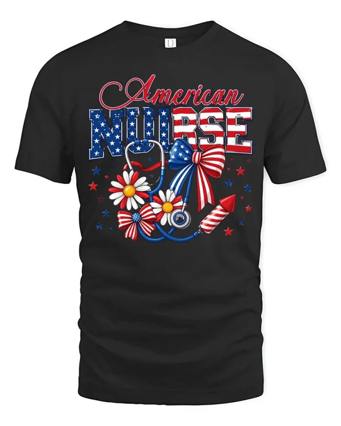 American Nurse Patriotic Daisy Stethoscope Graphic T Shirt - black t-shirt on white background