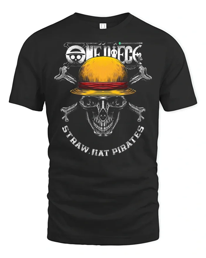 One Piece Straw Hat Pirates Skull Graphic Anime T Shirt - black t-shirt on white background