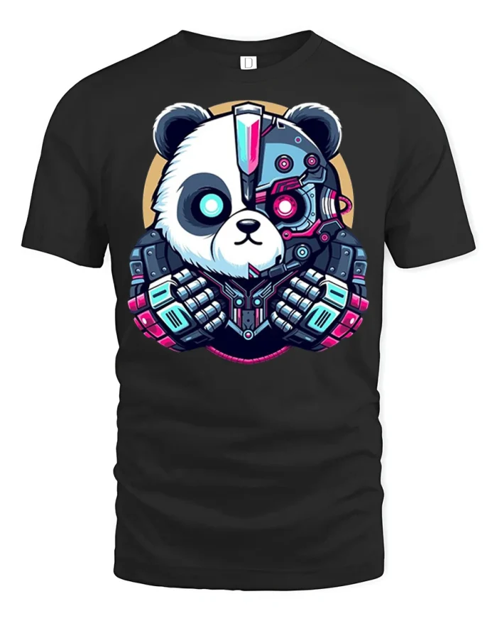 Neon Cyber Panda Guardian Graphic T Shirt Futuristic Mecha Art - black t-shirt on white background