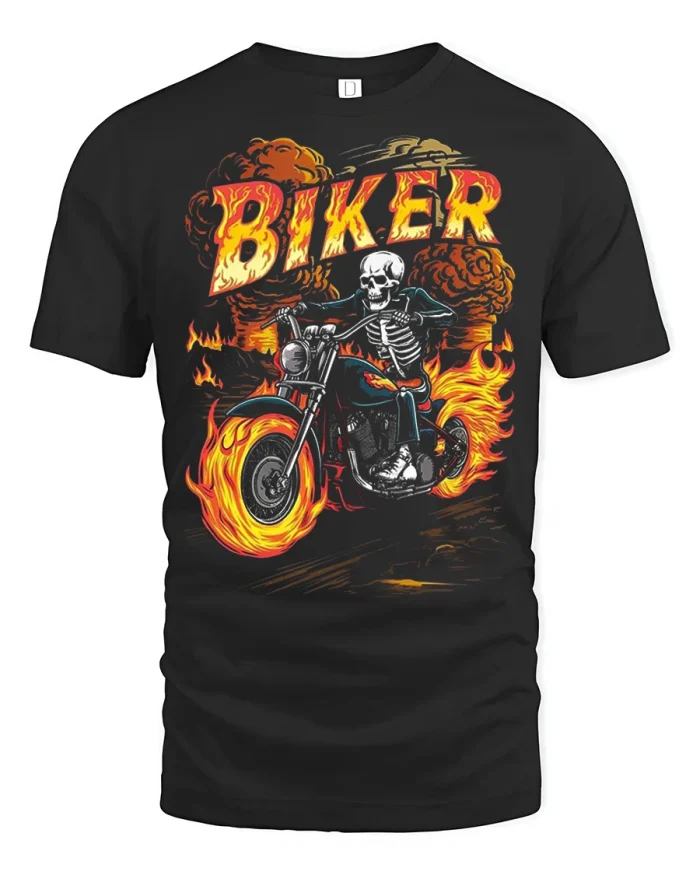 Flaming Skeleton Biker Graphic Tee Vintage Outlaw Rider Style - black t-shirt on white background