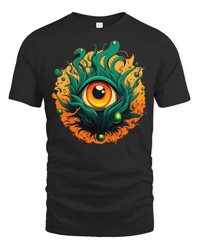 Mystic Cosmic Eye Graphic Tee Surreal Botanical Fantasy Art - black t-shirt on white background