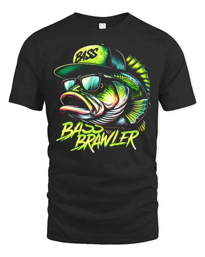 Bass Brawler Angler Graphic Tee Retro Trophy Fish Streetwear - black t-shirt on white background