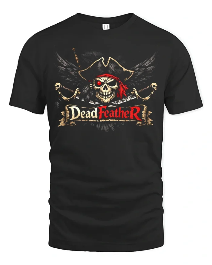 Deadfeather Pirate Skull Graphic Tee Gothic Buccaneer Art - black t-shirt on white background