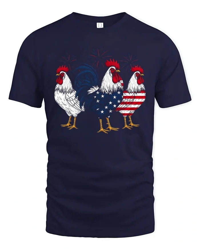 Patriotic Rooster Trio Graphic Tee Vintage Americana Farm Art - navy t-shirt on white background