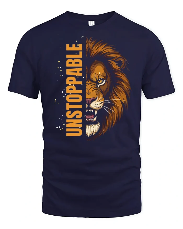 Unstoppable Lion Courage Graphic Tee Bold Wildlife Statement - navy t-shirt on white background