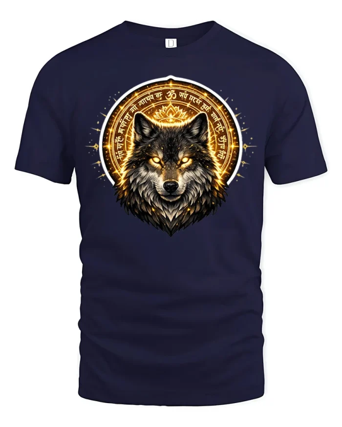 Mystic Golden Wolf Spirit Animal Graphic T Shirt Design - navy t-shirt on white background