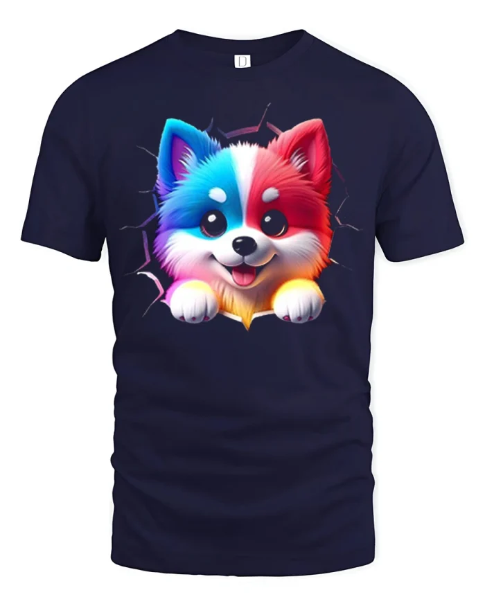 Cute Colorful Puppy Cartoon Graphic T Shirt Kawaii Pet Lover Tee - navy t-shirt on white background