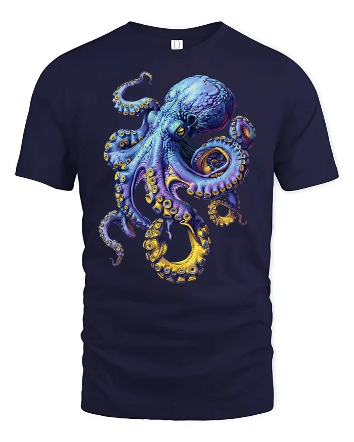 Colorful Giant Octopus Ocean Graphic T Shirt Marine Life Tee - navy t-shirt on white background