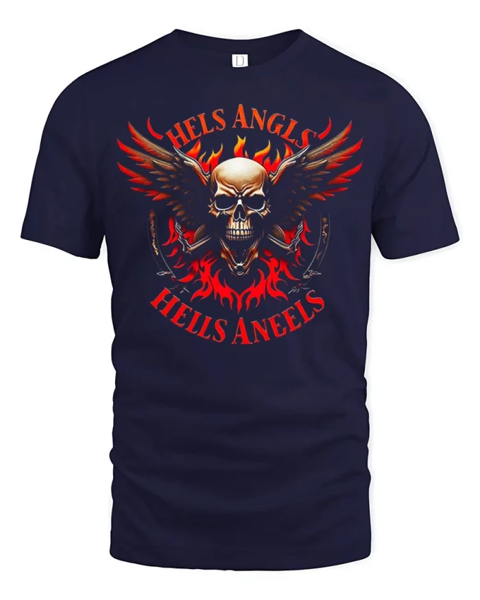 Flaming Skull Wings Gothic Biker Graphic T Shirt Rebel Style Tee - navy t-shirt on white background