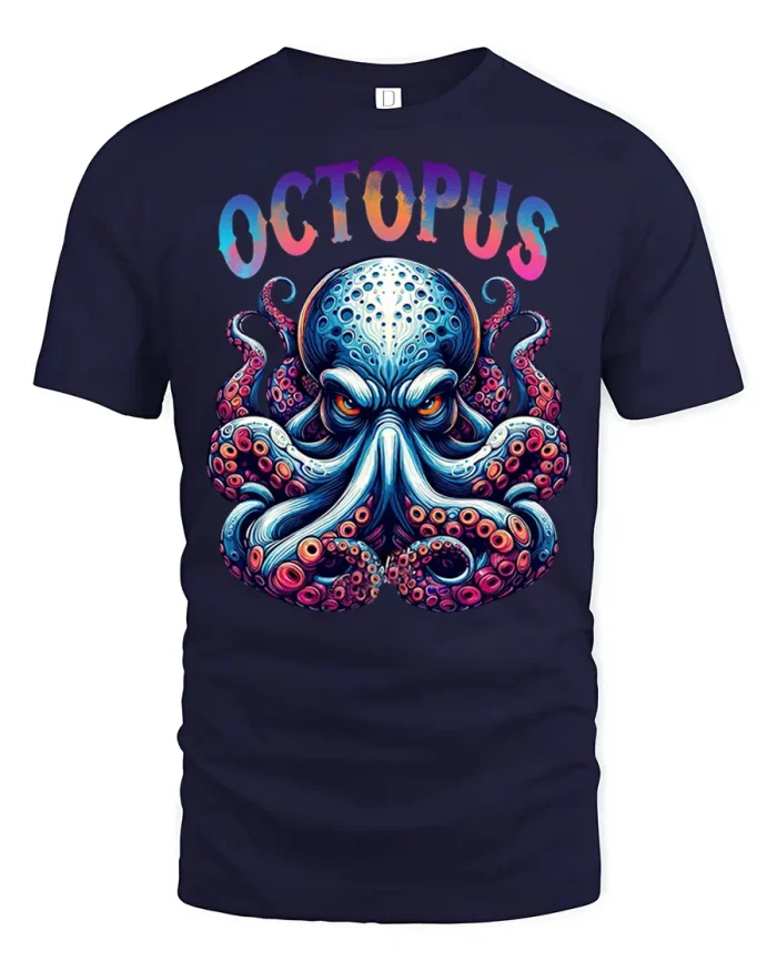 Colorful Angry Octopus Graphic T Shirt Ocean Monster Art Tee - navy t-shirt on white background