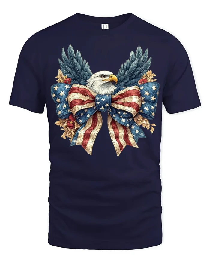 Patriotic Bald Eagle American Flag Bow Graphic T Shirt Freedom Tee - navy t-shirt on white background