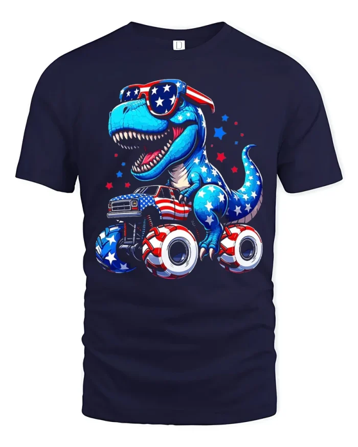 Patriotic T Rex Monster Truck Graphic T Shirt American Pride Tee - navy t-shirt on white background