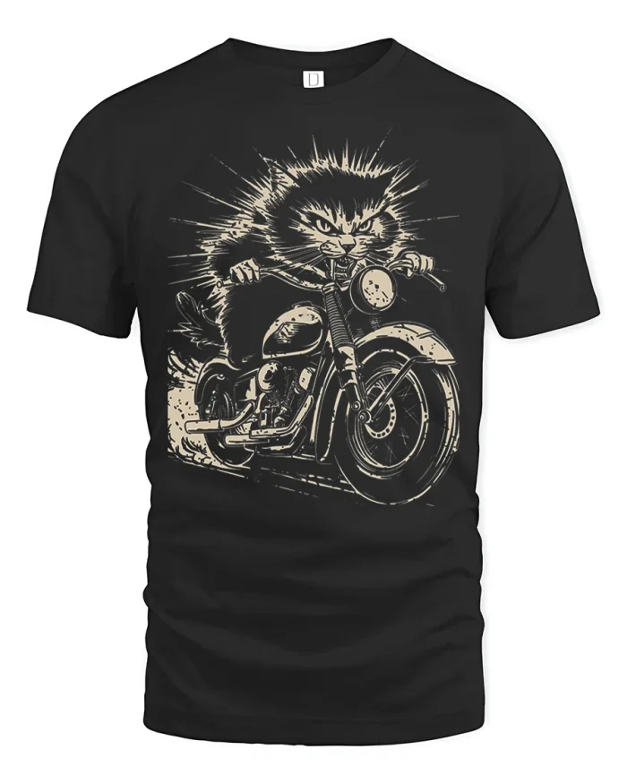 Fierce Biker Cat Vintage Graphic T Shirt Wild Road Rebel Style - black t-shirt on white background