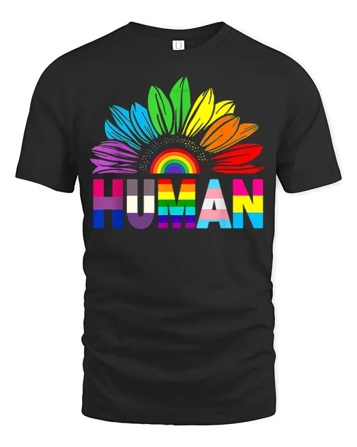 Human Rainbow Pride Sunflower Graphic Tee Colorful Equality Style - black t-shirt on white background