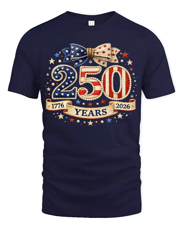 250 Years American Independence Patriotic Graphic T Shirt 2026 - navy t-shirt on white background