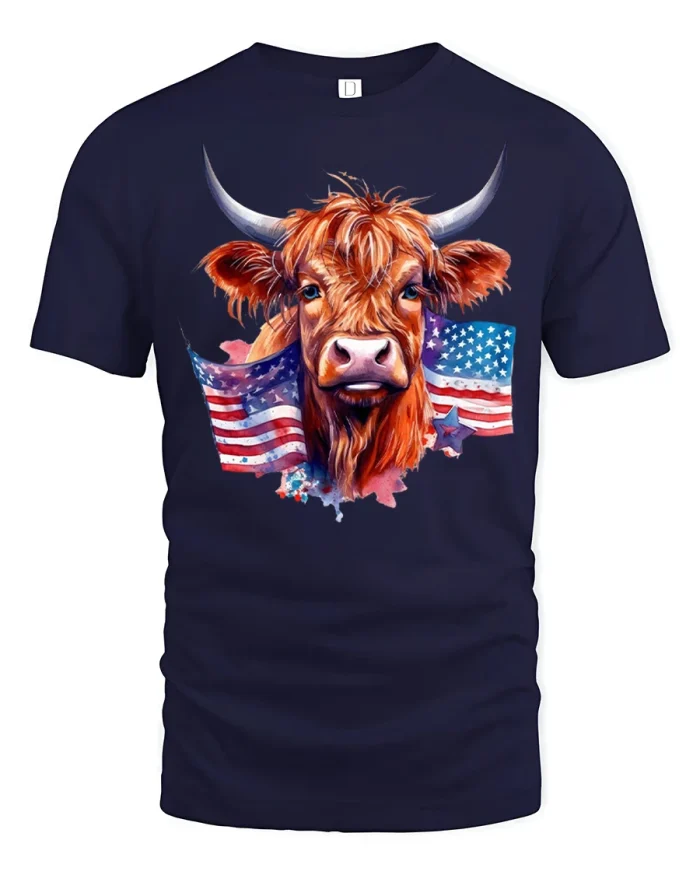 Patriotic Highland Cow American Flag Graphic T Shirt Vintage Pride - navy t-shirt on white background